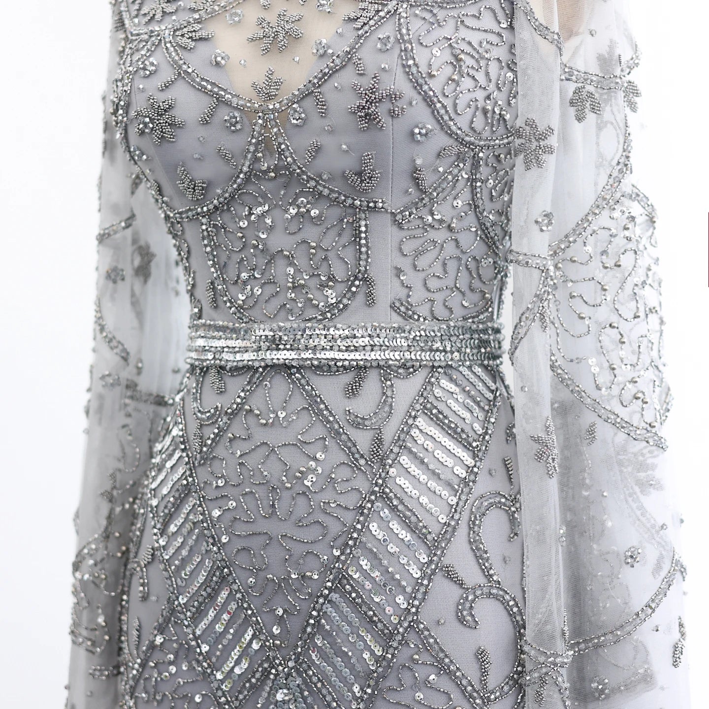 Black Beaded Luxury Evening Dress with Flare Long Sleeves High Neck Formal Party Gowns - Image 10