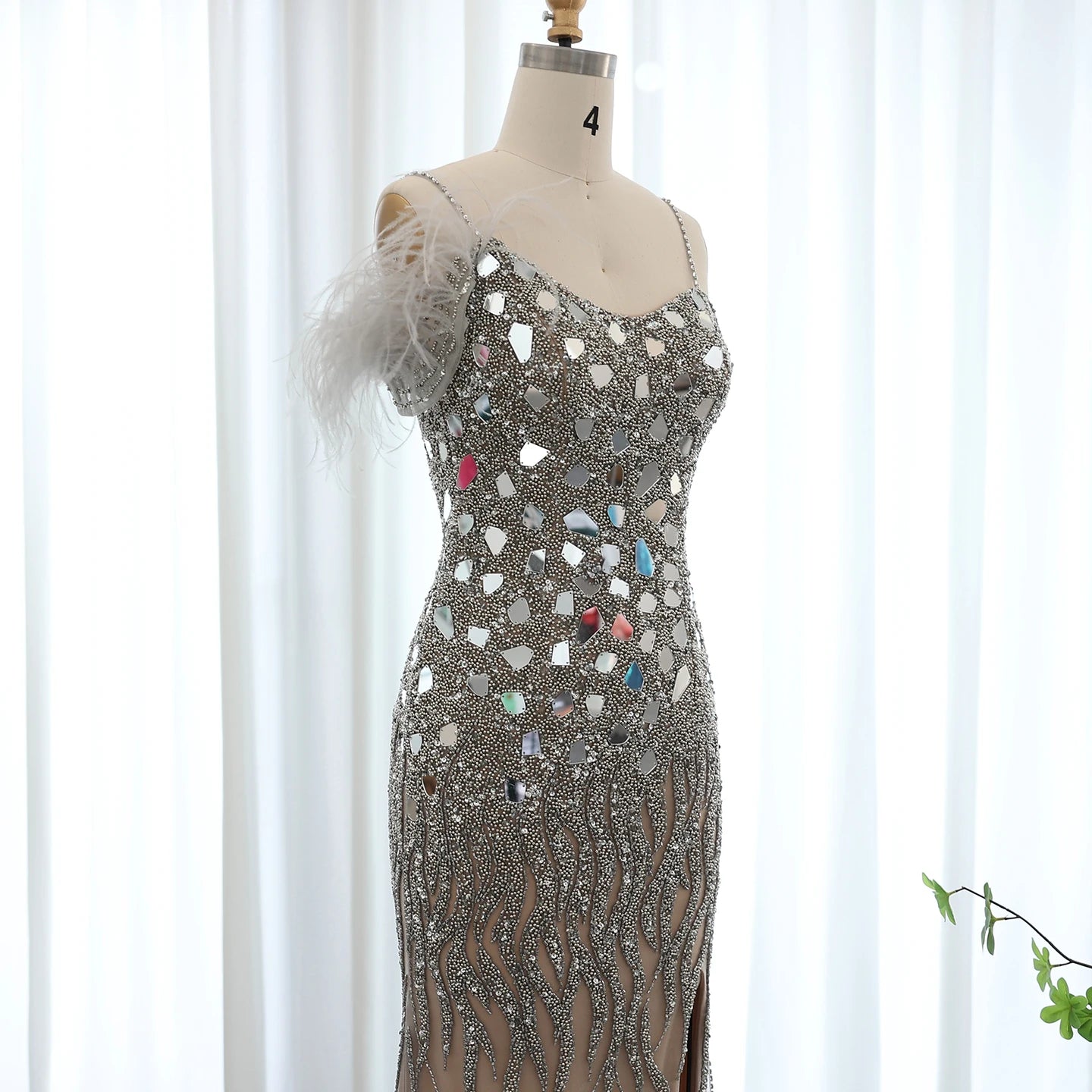 Luxury Beaded Feather Mermaid Silver Nude Evening Dress for Women Wedding Party Elegant Dubai Formal Prom Gown - Image 13