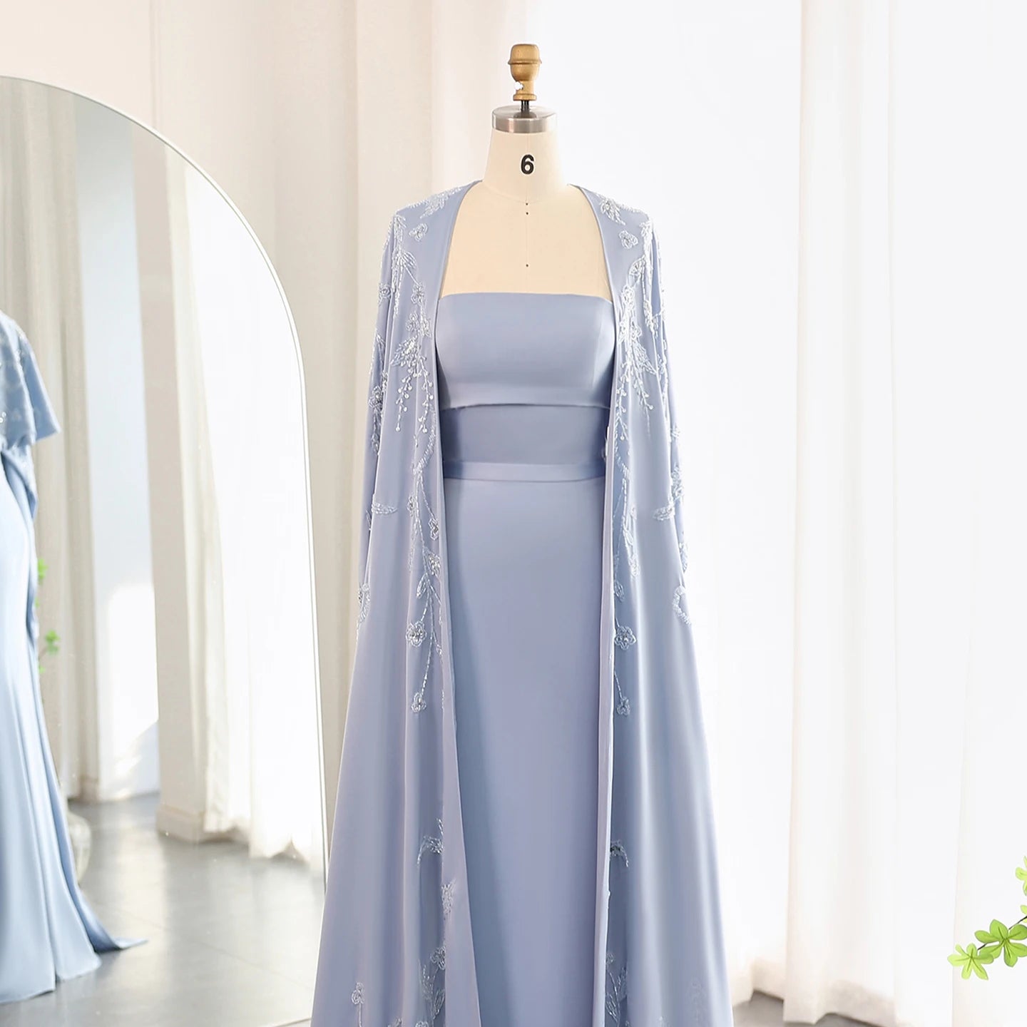 Blue Mermaid Evening Dress with Cape Sleeves 2024 Luxury Beaded Women Wedding Guest Party Gowns - Image 3