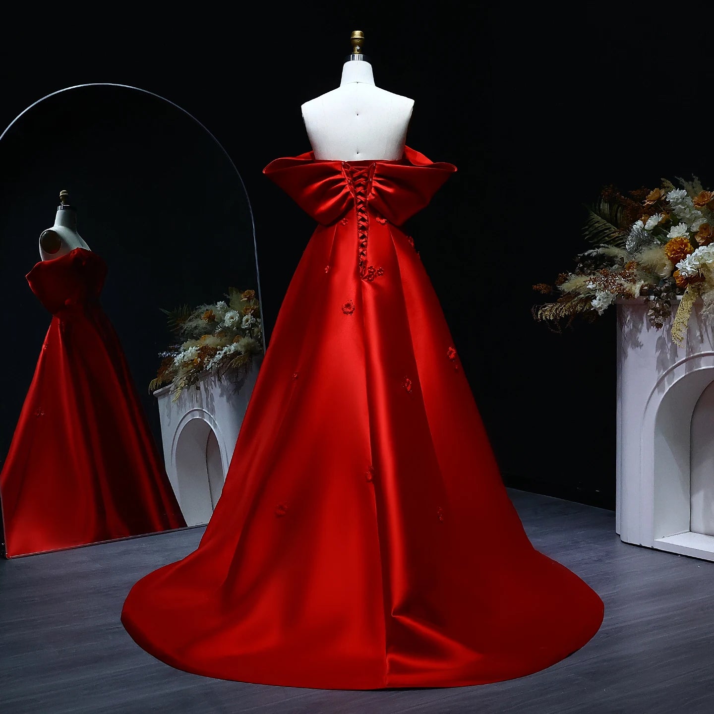 Off Shoulder Wine Red Evening Dress 3D Flowers Women Wedding Engagement Party Gowns - Image 5