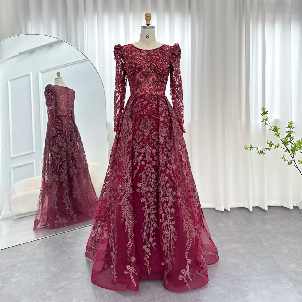 Elegant Wine Red Luxury Evening Dress with Overskirt Long Sleeves Plus Size Women Wedding Formal Party Gowns