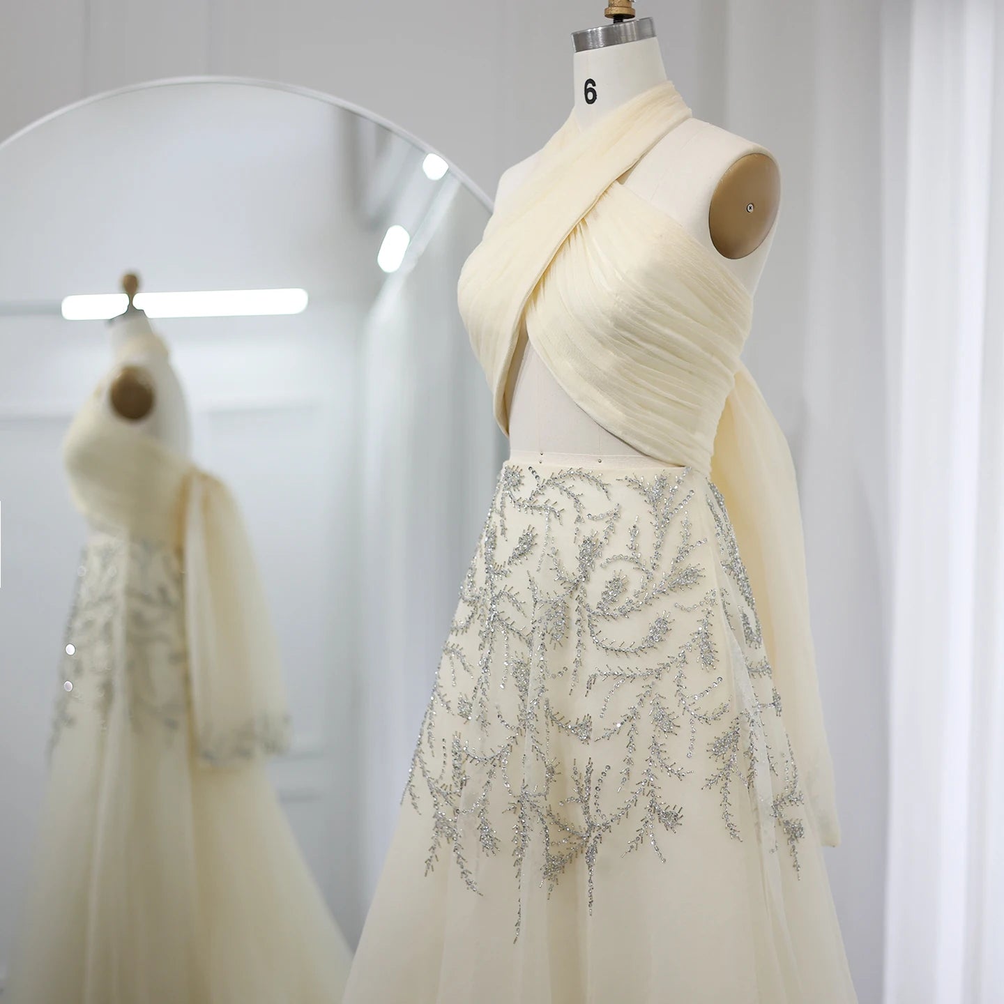Halter Beige Evening Dress for Women Wedding Luxury Crystal Long Prom Party Dresses - Image 6