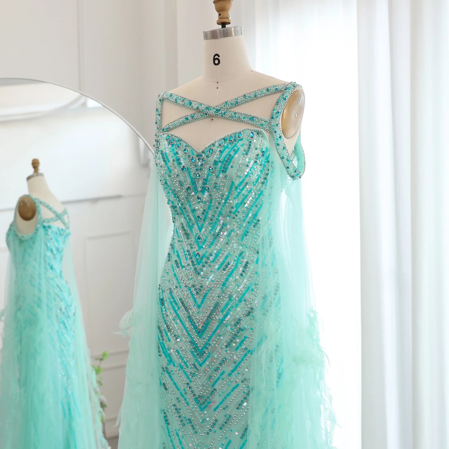 Fuchsia Mermaid Evening Dresses with Cape Sleeves Luxury Turquoise Women Wedding Party Dress - Image 17