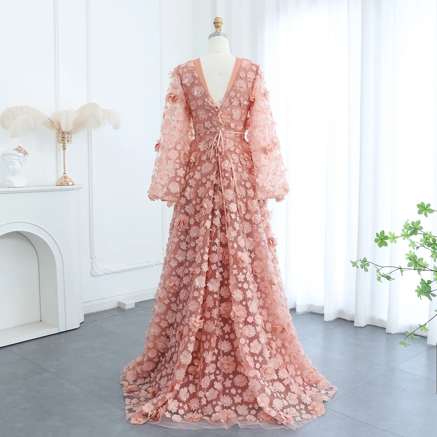 Blush Peach-Pink 3D Flowers Evening Dresses with Bell Long Sleeves V-Neck Wedding Party Birthday Gowns - Image 7
