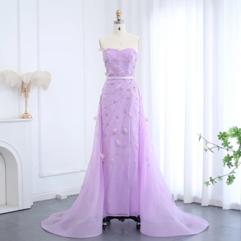 Luxury Feathers Beaded Lilac Evening Dresses Overskirt Sweetheart Slit Wedding Party Gowns