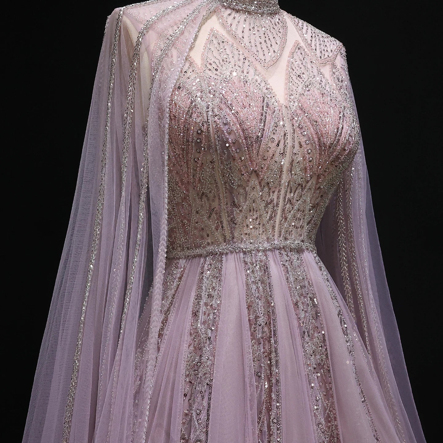 Luxury Pink Evening Dress with Cape Sleeves Brown Women Wedding Party Gowns - Image 7