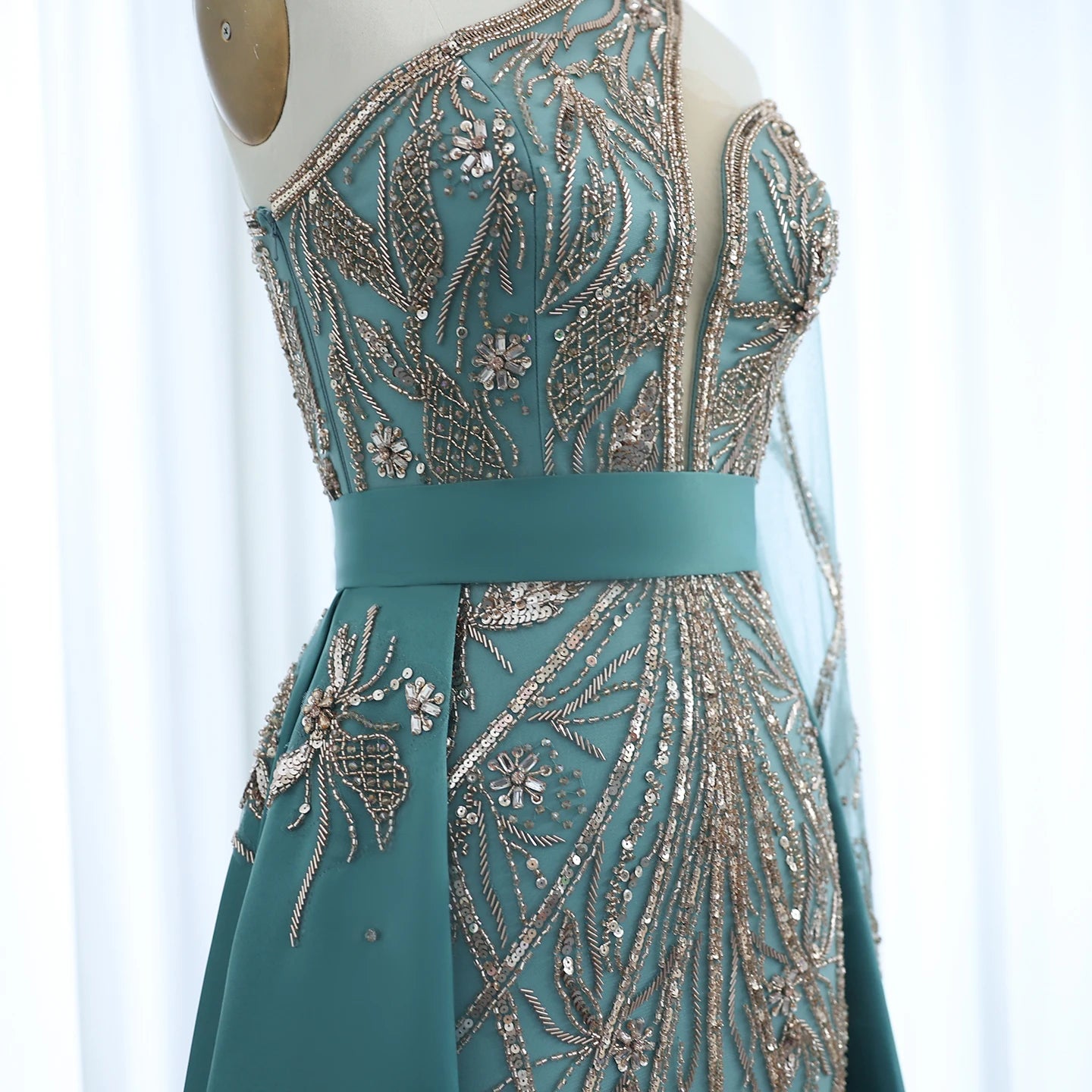 Luxury Beads One Shoulder Turquoise Evening Dress with Overskirt Women Wedding Party Gown - Image 14