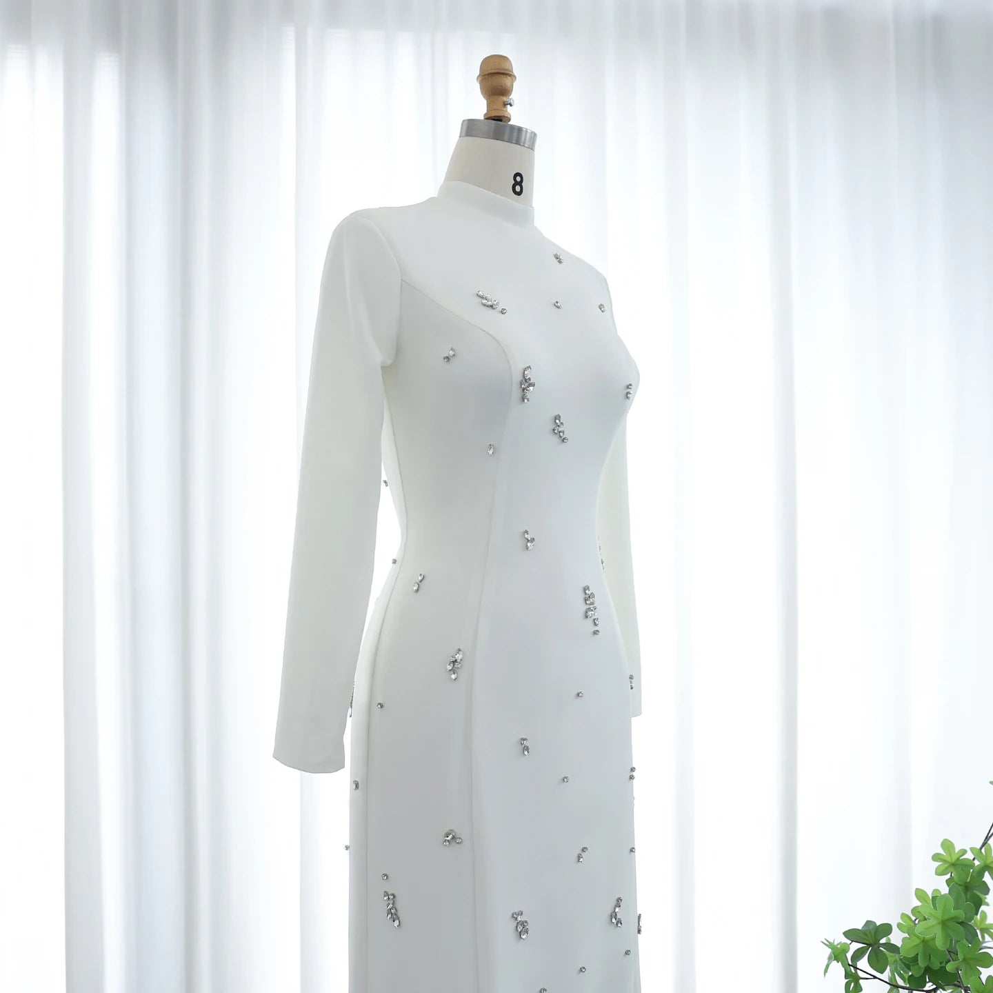 High Neck Straight White Satin Arabic Evening Dress For Women Wedding Beads Slit Long Sleeves - Image 4