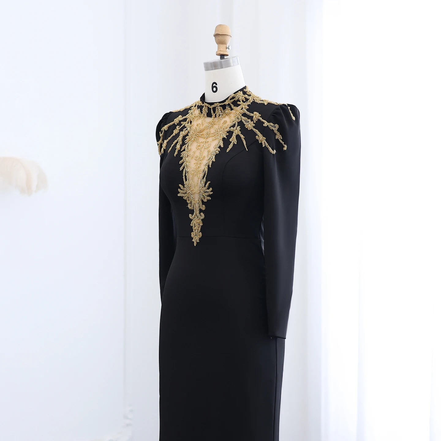 High Neck Long Sleeves Black Evening Dresses Gold Beaded Women Formal Party Gowns - Image 3