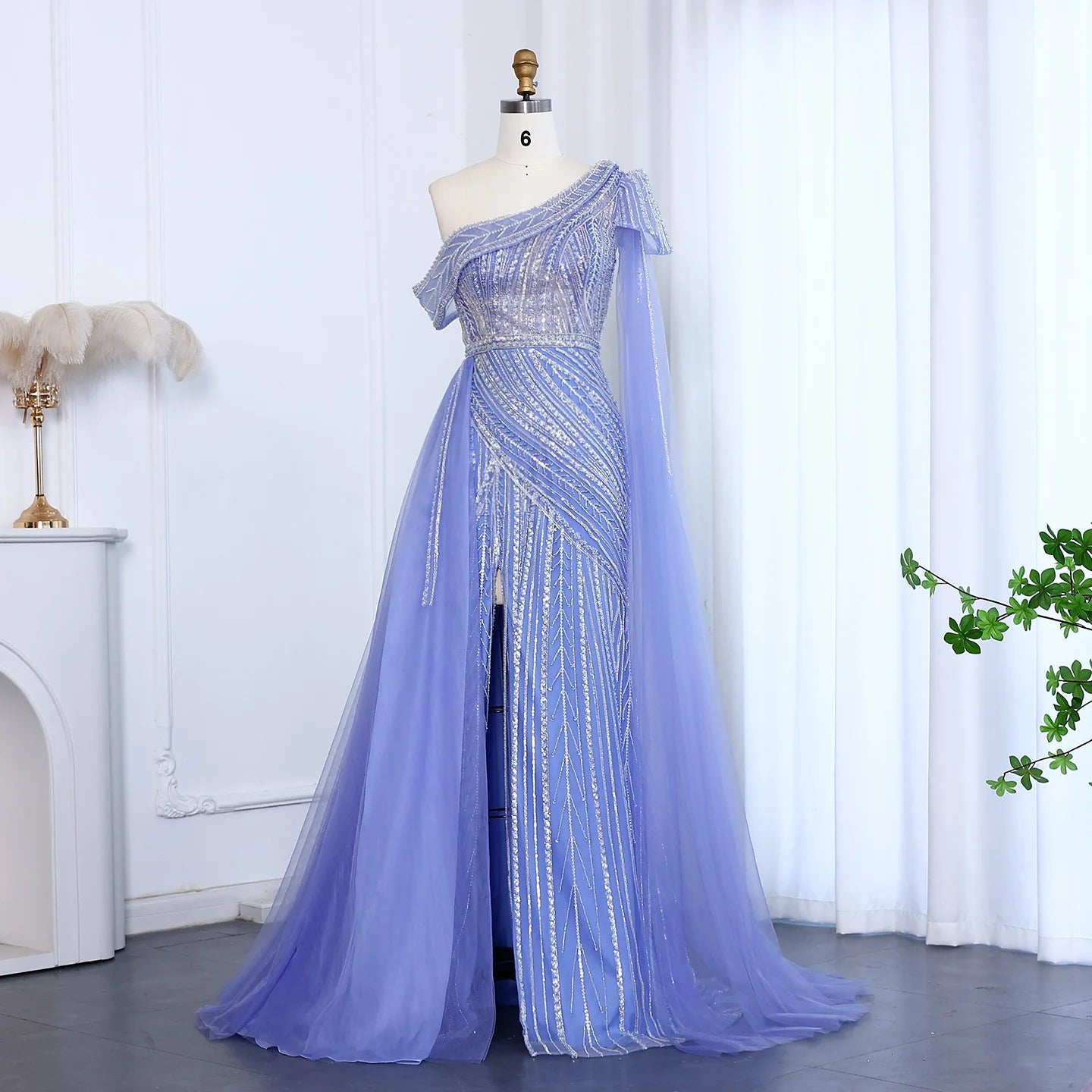 Elegant One Shoulder Fuchsia Luxury Evening Dress with Cape Sleeve Overskirt Formal Party Gown - Image 2