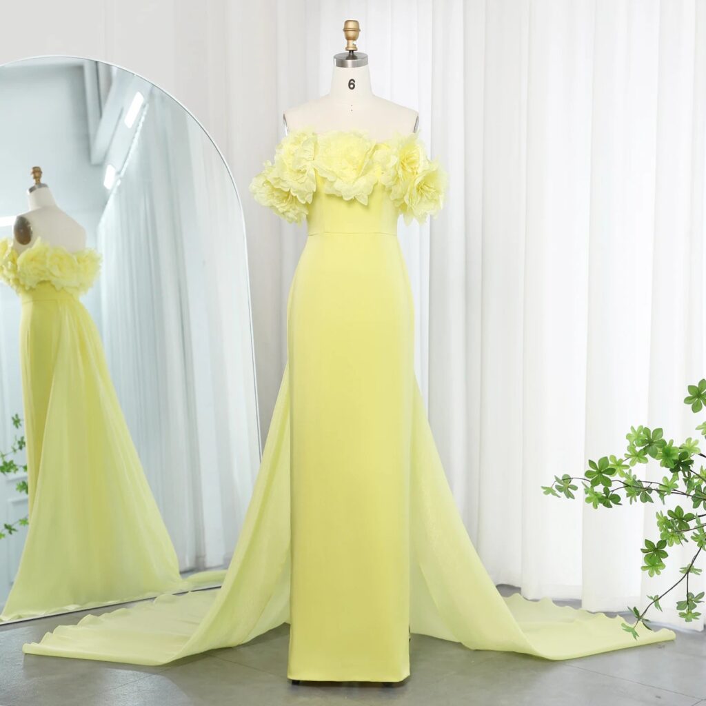 Elegant Light Yellow Evening Dress with Overskirt for Women Wedding Party Dubai Lilac Formal Prom Gowns