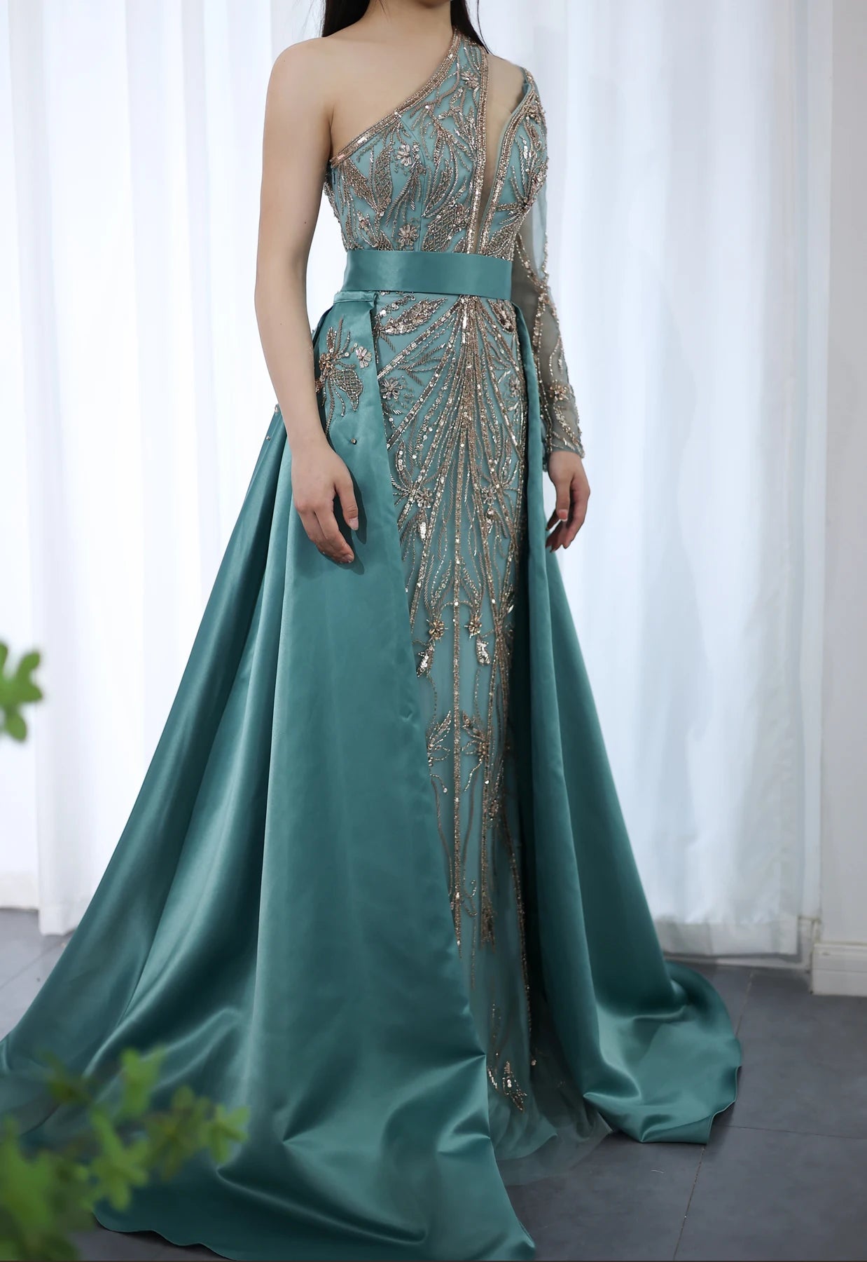 Luxury Beads One Shoulder Turquoise Evening Dress with Overskirt Women Wedding Party Gown - Image 9
