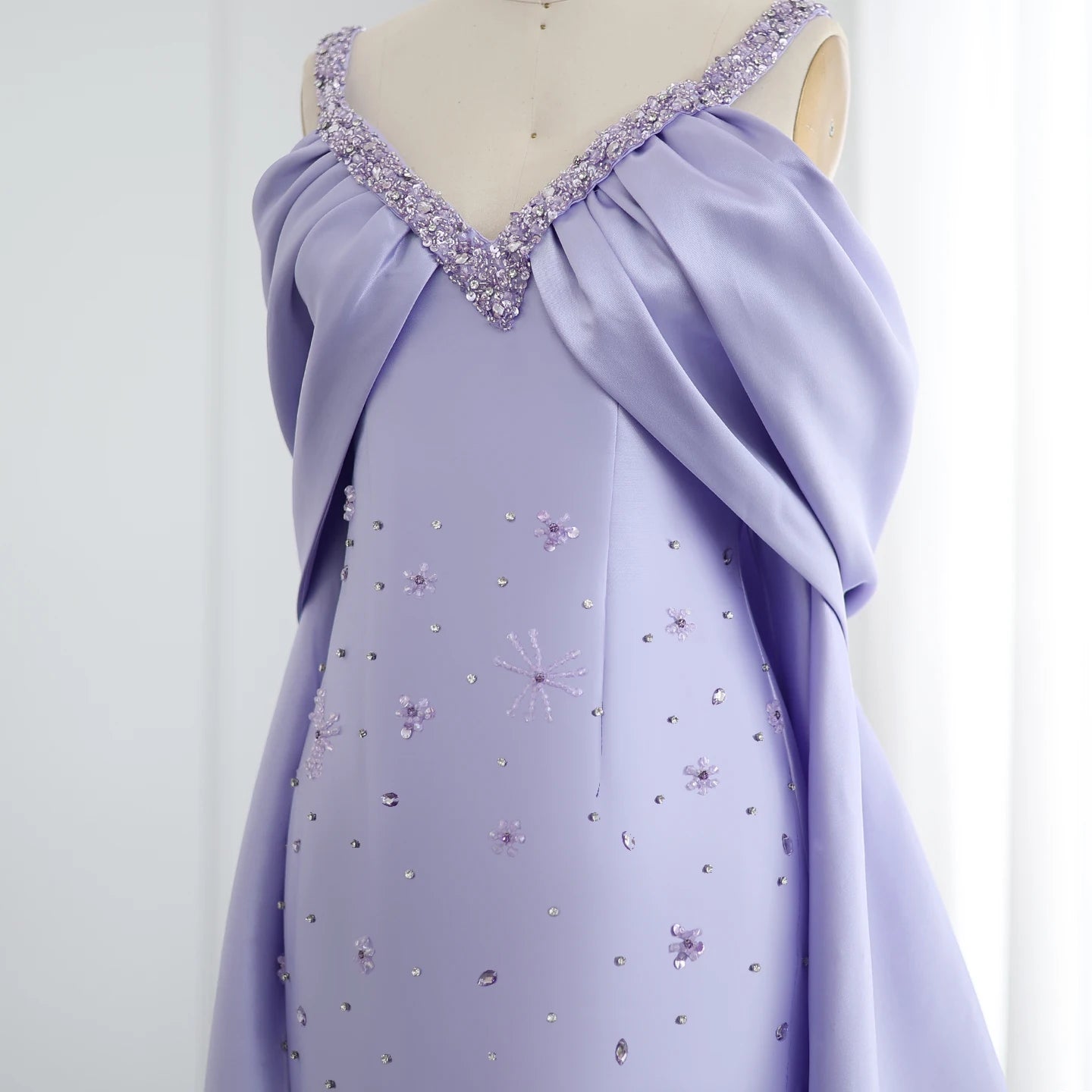 Lilac Off Shoulder Lilac Evening Dresses with Cape Luxury Beaded Women Wedding Party Gowns - Image 2