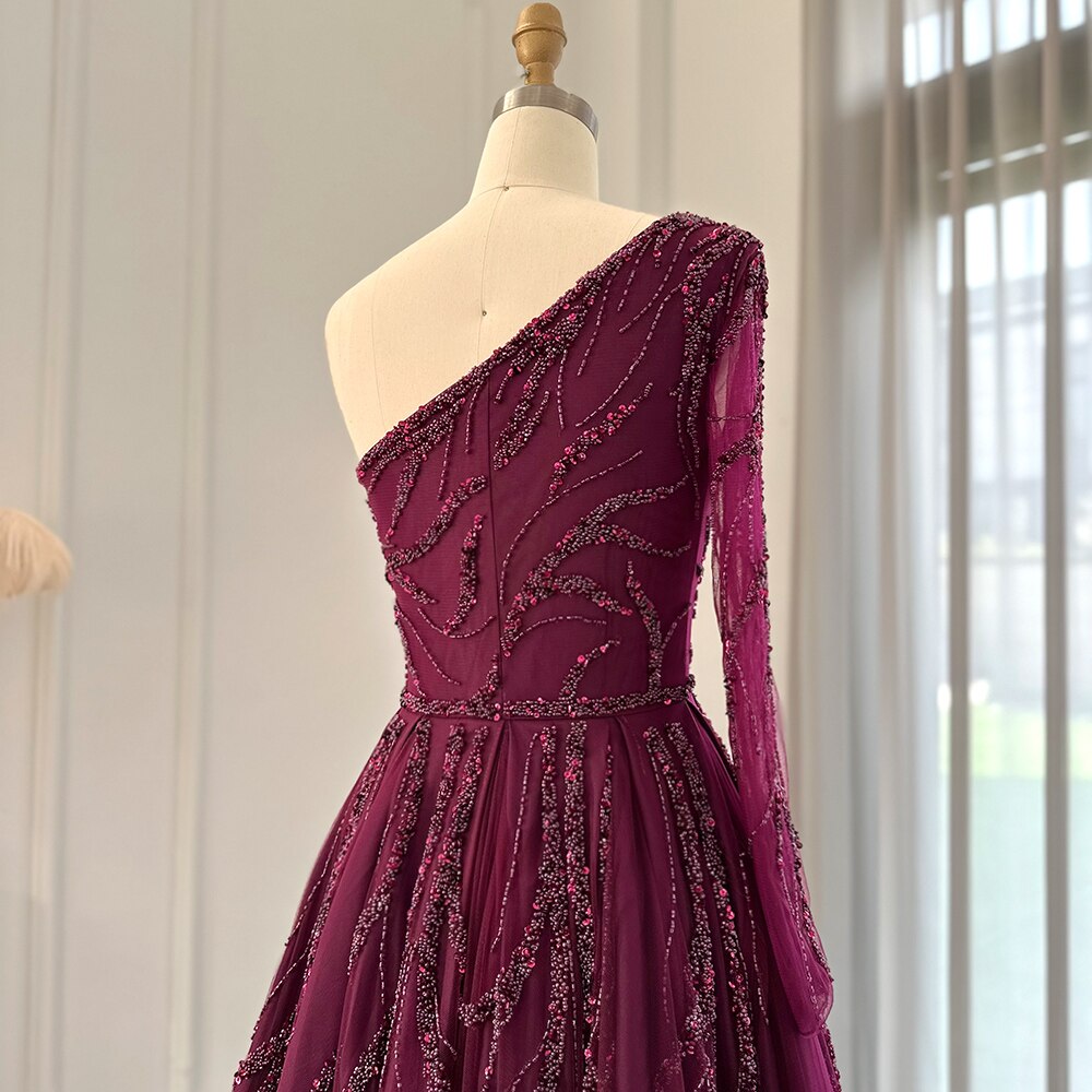 Luxury One Shoulder Fuchsia Evening Dresses for Women Wedding Elegant Long Sleeve Formal Gowns - Image 7