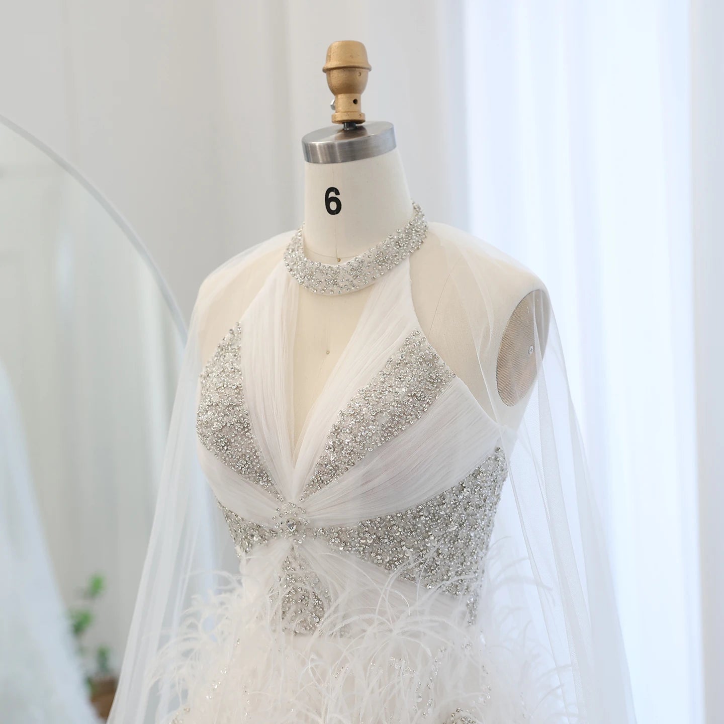 Luxury Feathers Ball Gown White Evening Dresses with Cape Sleeves for Wedding Party Dresses - Image 3