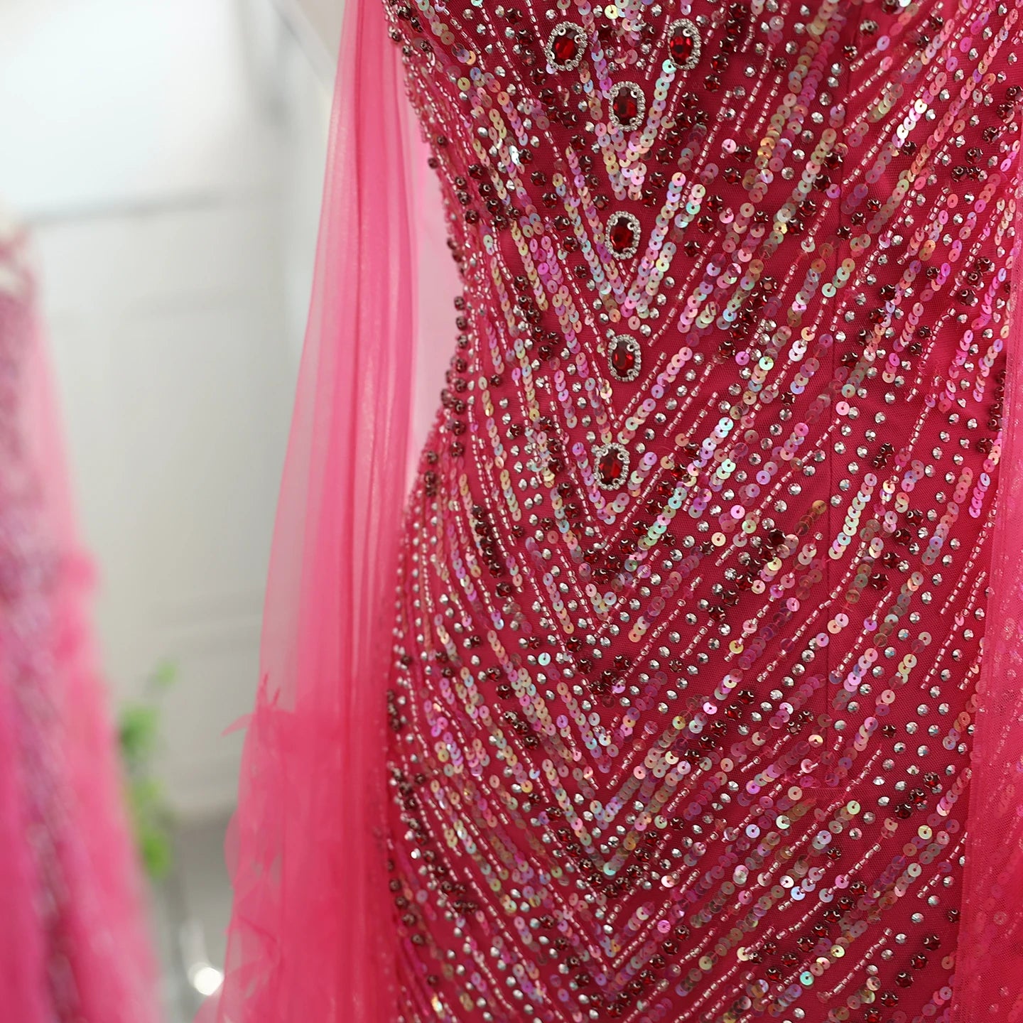 Fuchsia Mermaid Evening Dresses with Cape Sleeves Luxury Turquoise Women Wedding Party Dress - Image 13