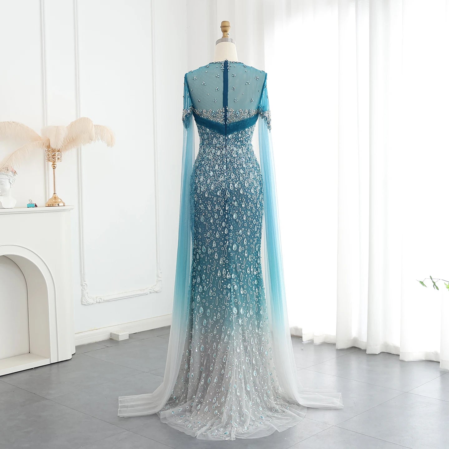Mermaid Turquoise Crystal Evening Dresses with Cape Sleeves Arabic Women Wedding Party Gowns - Image 7