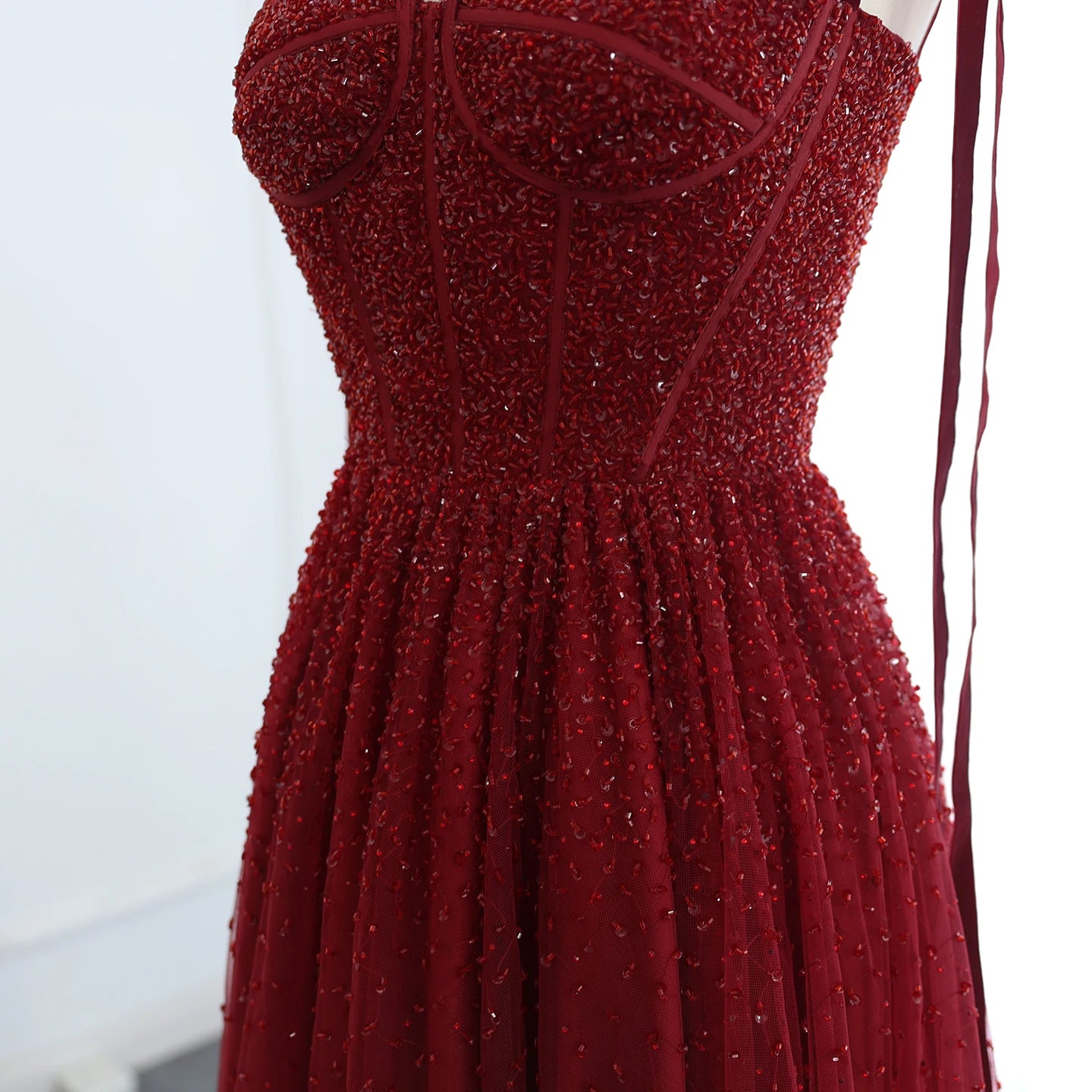 Luxury Beaded Wine Red Evening Dresses with Straps Elegant Women Arabic Wedding Party Gown - Image 4