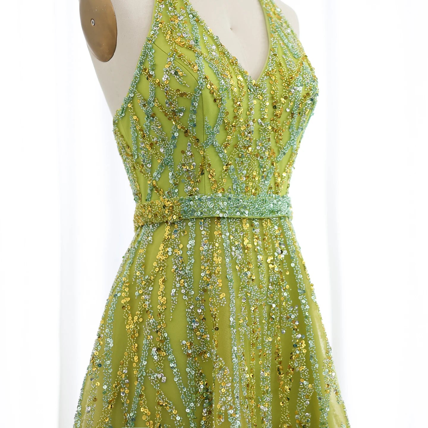 Beaded Lemon Green Evening Dresses with Halter High Low Women Wedding Party Gowns - Image 7
