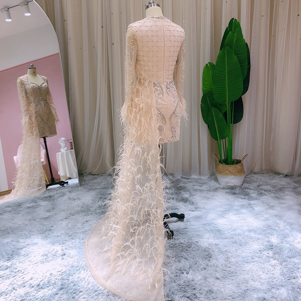 Luxury Coral Short Evening Dresses with Feathers OverSkirt Mini Cocktail Party Dress - Image 14