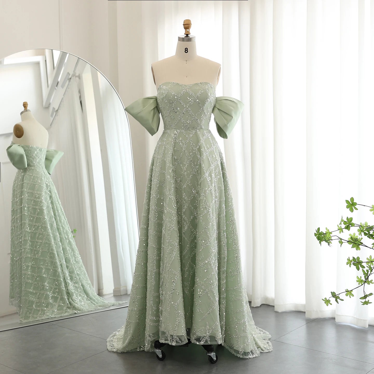 Custom Made A-line Sage Green Evening Dresses for Women Wedding Elegant Beaded Midi Formal Party Gownns