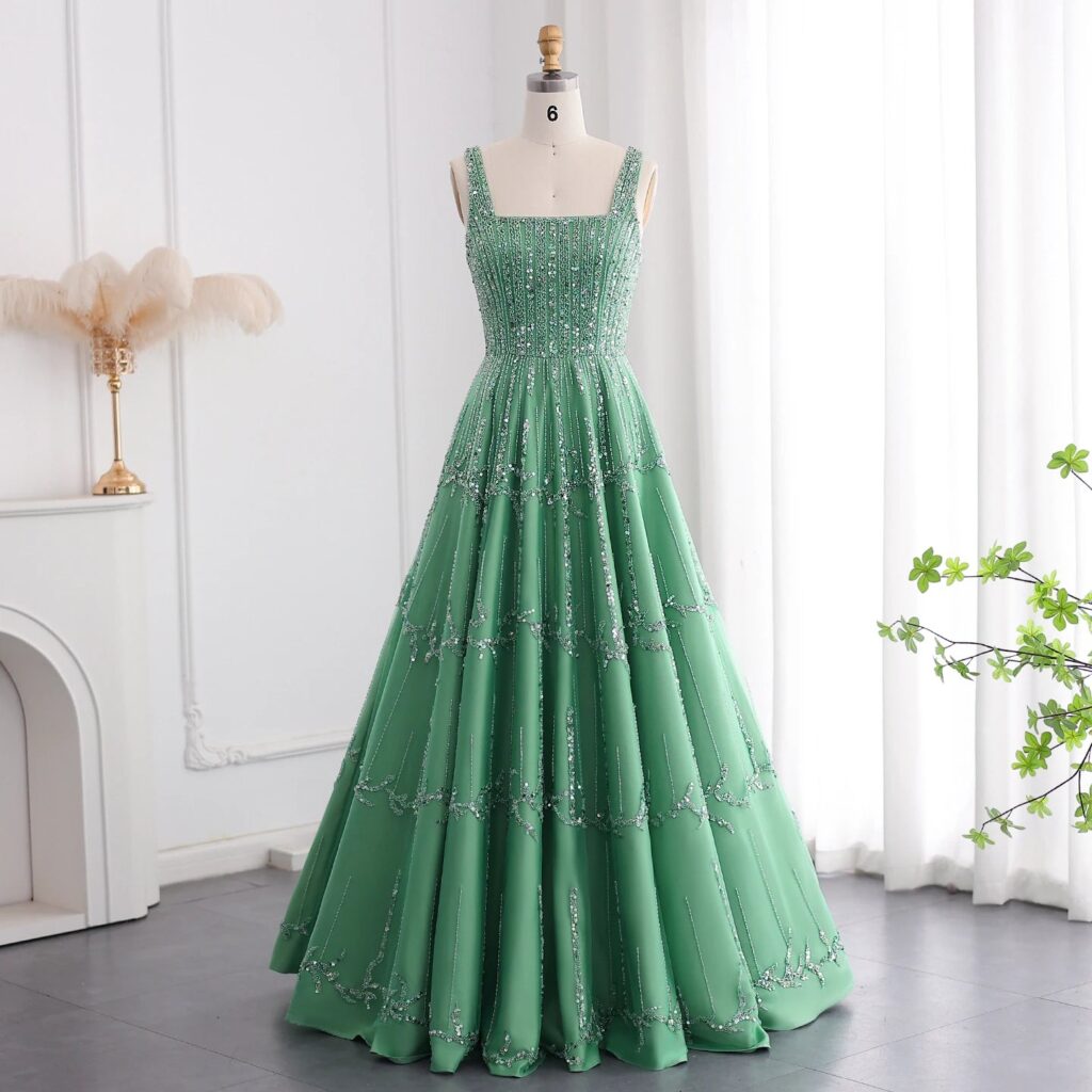 Luxury Beaded Green Evening Dress for Women Wedding Spaghetti Straps /Square Engagement Party Dresses