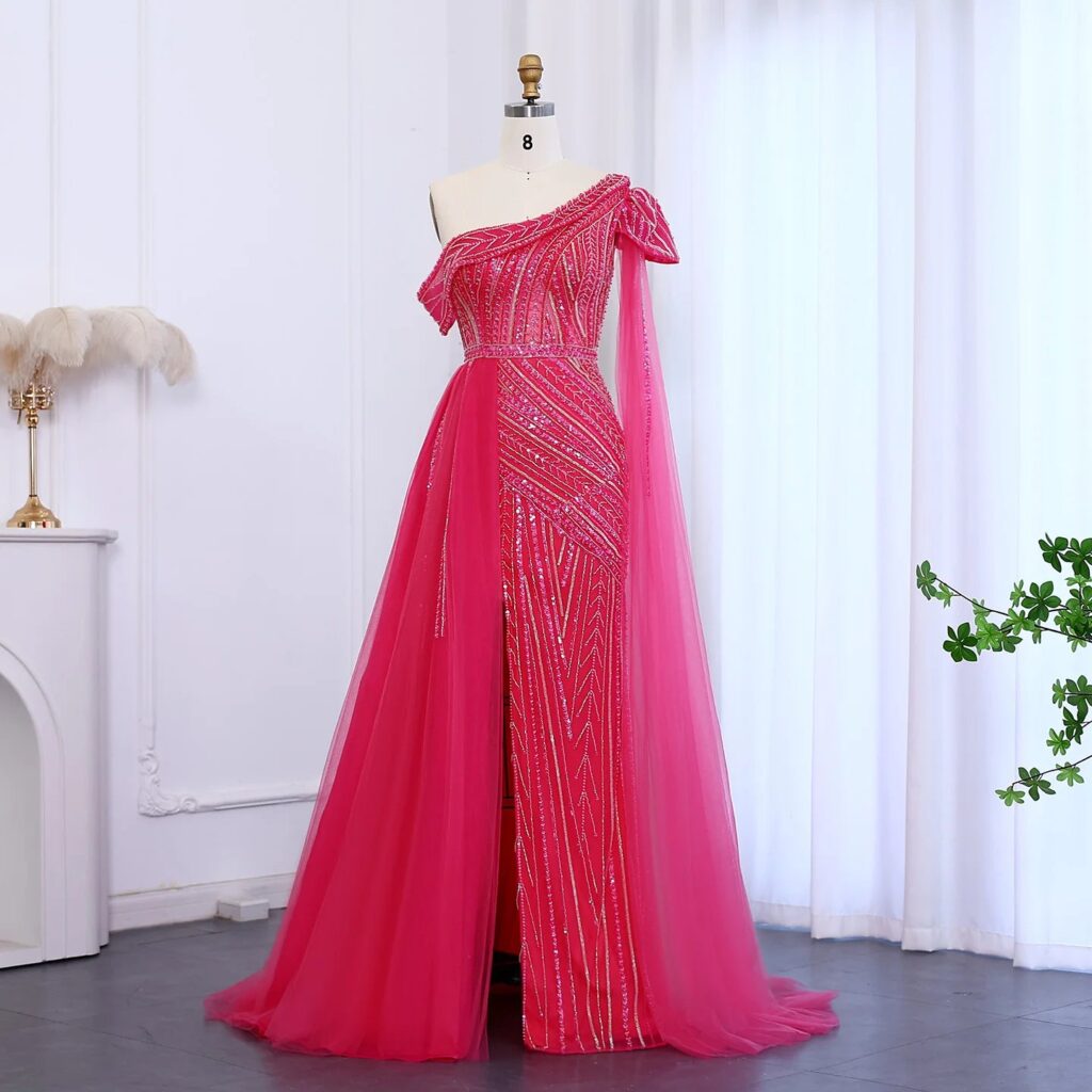 Elegant One Shoulder Fuchsia Luxury Evening Dress with Cape Sleeve Overskirt Formal Party Gown
