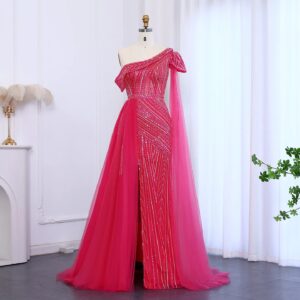Elegant One Shoulder Fuchsia Luxury Evening Dress with Cape Sleeve Overskirt Formal Party Gown