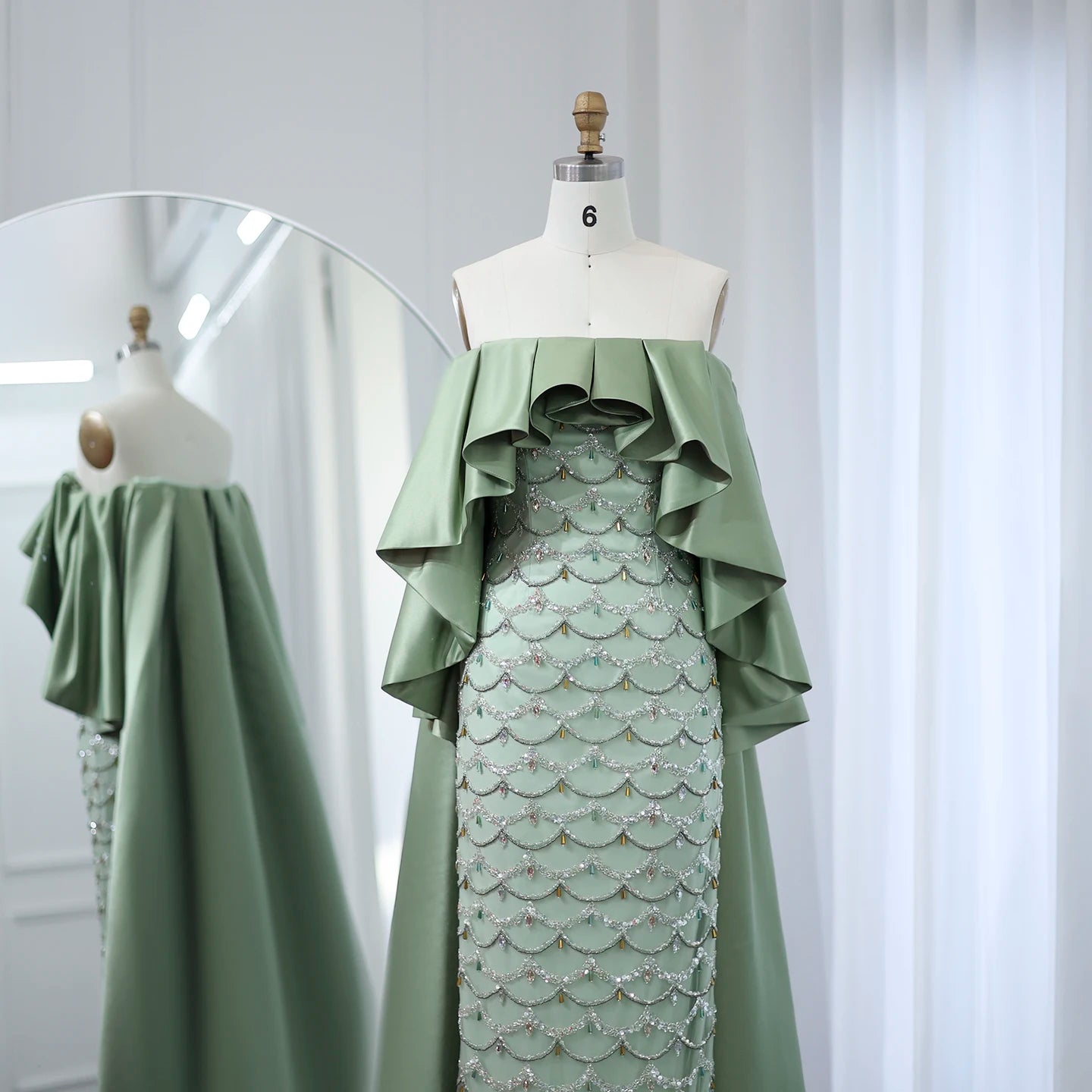 Sage Green Luxury Evening Dresses with Cape Lilac Beaded Women Wedding Party Dress - Image 5