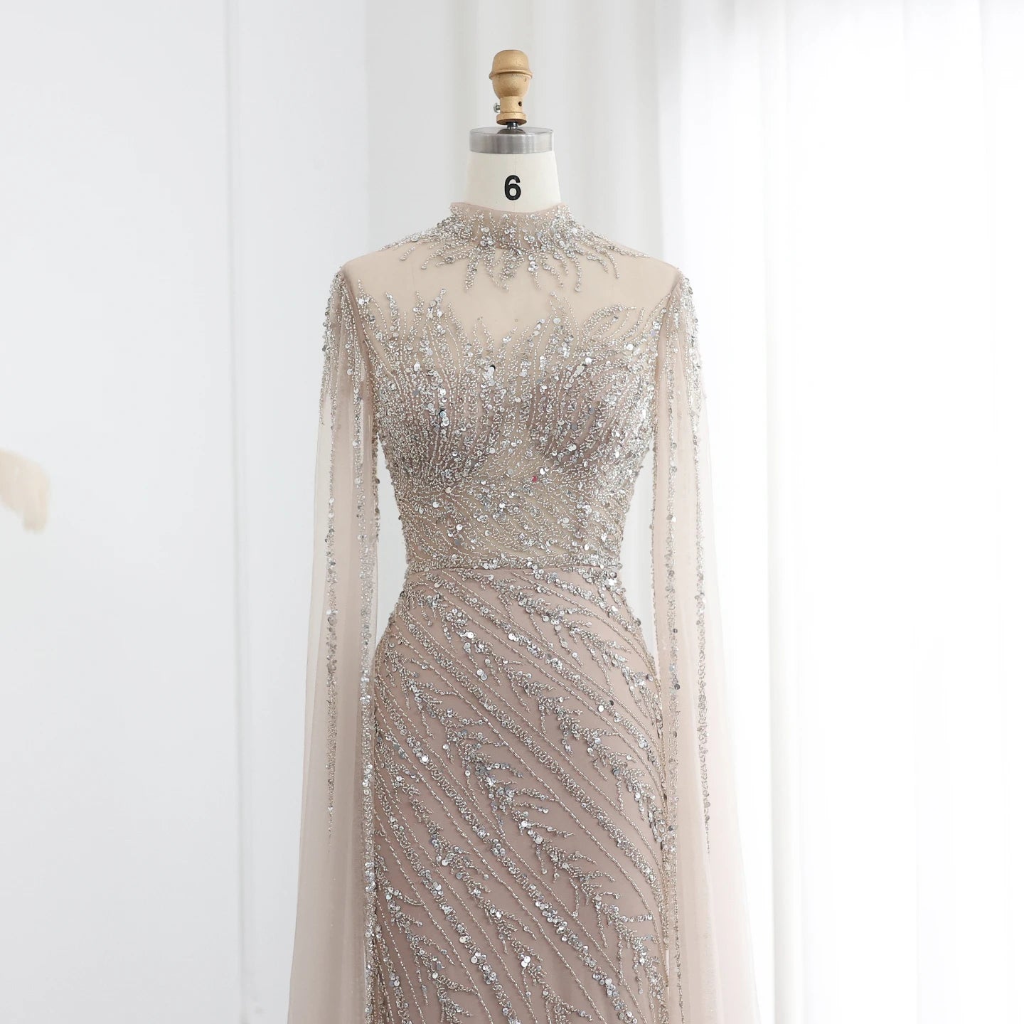 Black Nude Mermaid Evening Dress with Cape Sleeves High Neck Women Party Formal Gowns - Image 3