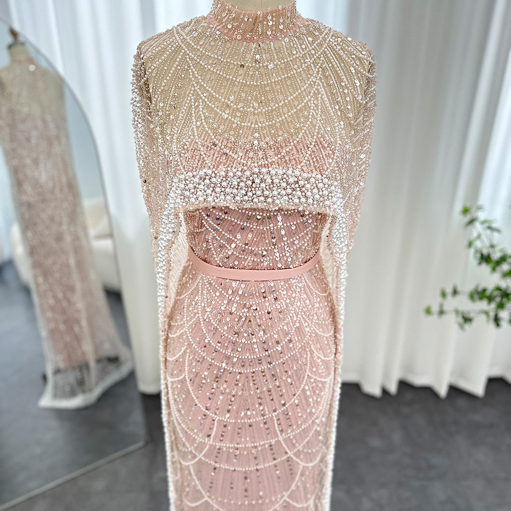 Luxury Pearls Champagne Evening Dresses with Cape Women Mermaid Wedding Party Prom Dress - Image 34