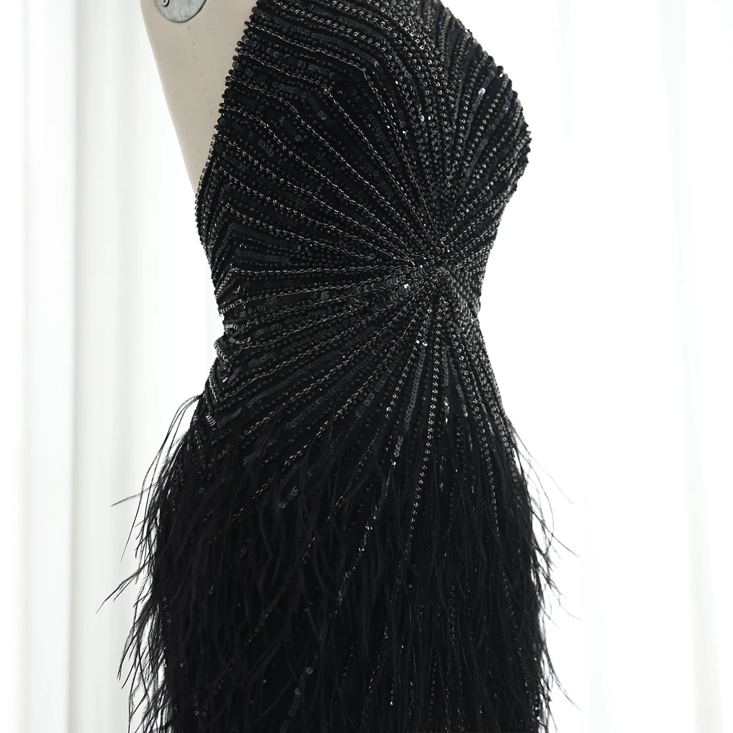 Luxury Beaded Feathers Mermaid Silver Gray Evening Dress Halter Backless Blue Beige Formal Party Gown - Image 10