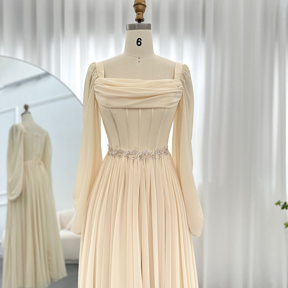 Beige Short Midi Evening Dress with Belt Long Sleeves Tea Length Women Formal Wedding Party Gowns - Image 6
