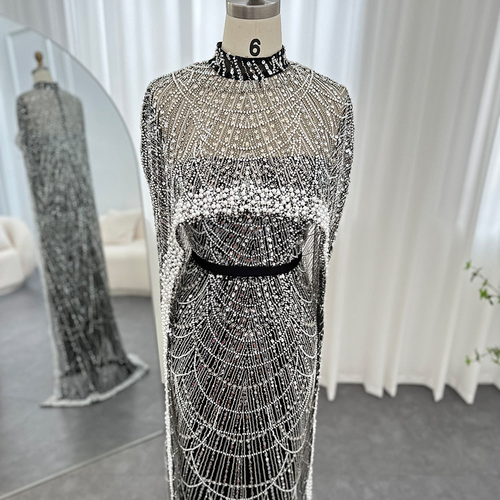 Luxury Pearls Champagne Evening Dresses with Cape Women Mermaid Wedding Party Prom Dress - Image 23
