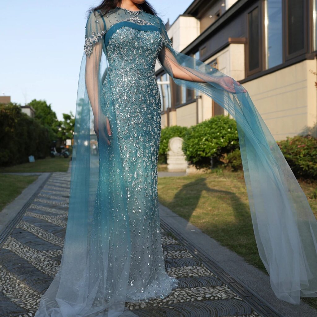 Mermaid Turquoise Crystal Evening Dresses with Cape Sleeves Arabic Women Wedding Party Gowns