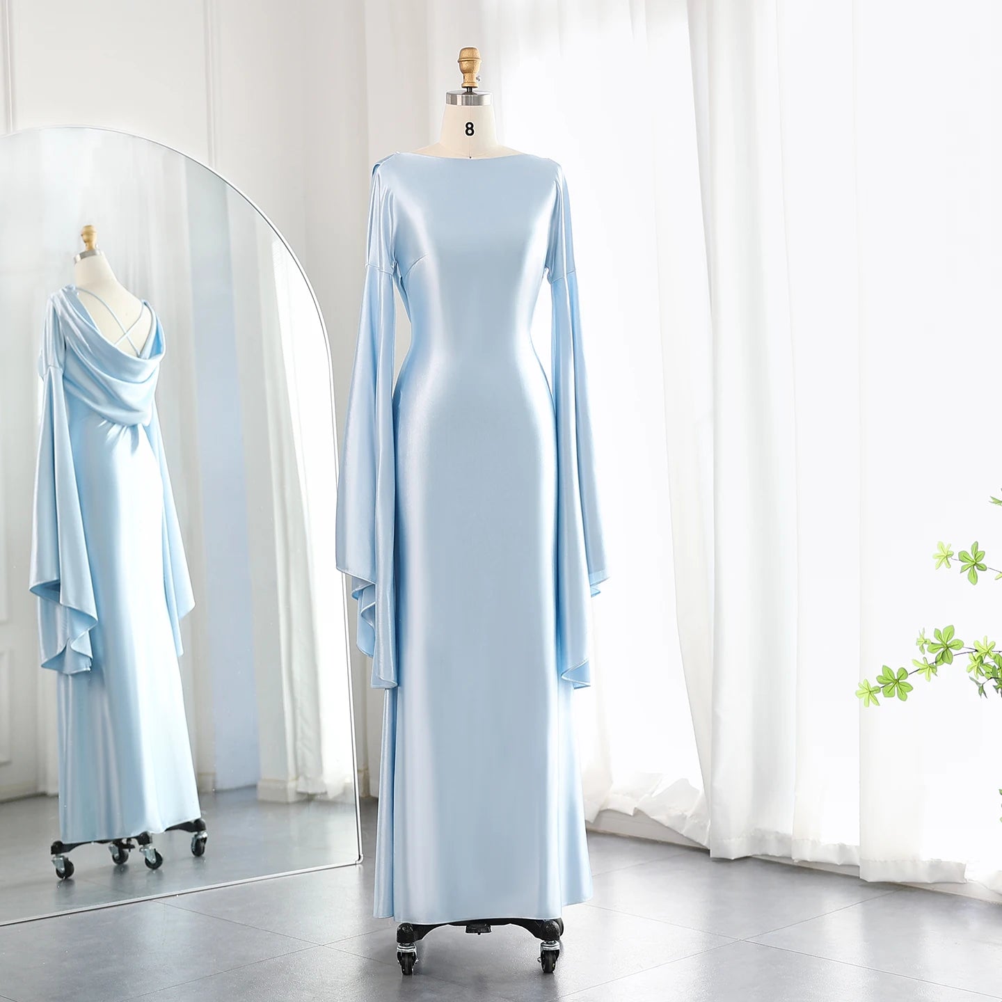 Light Blue Mermaid Evening Dress with Flare Long Sleeves Criss Cross Women Wedding Party Gowns - Image 2