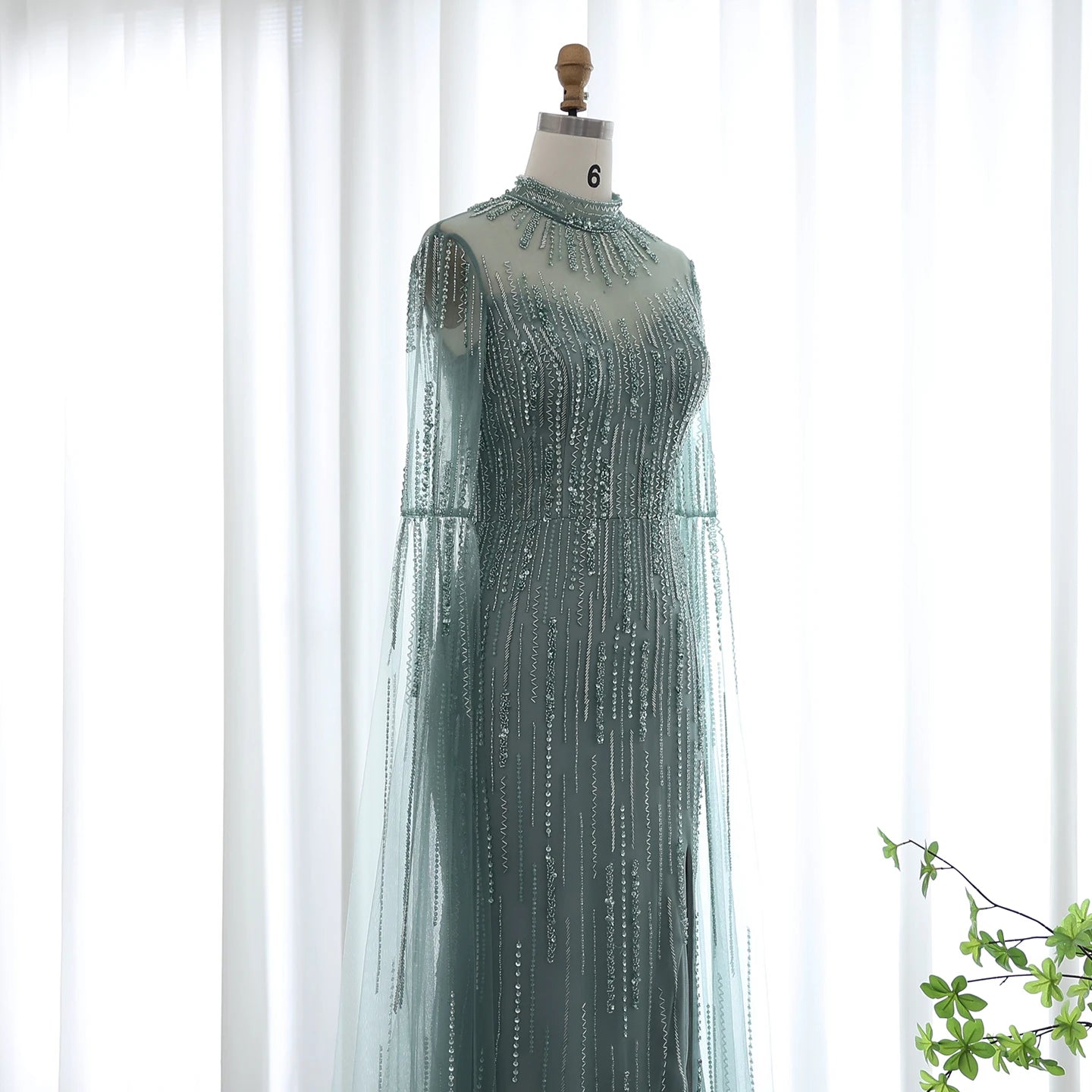 Luxury Beaded Mermaid Green Evening Dress with Cape Sleeve High Neck Side Slit Nude Women Wedding Party Gowns - Image 5
