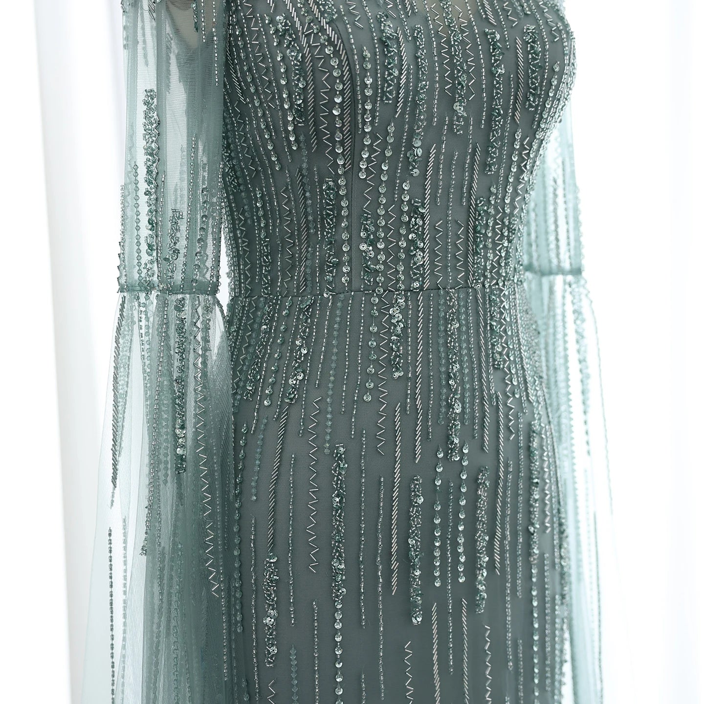 Luxury Beaded Mermaid Green Evening Dress with Cape Sleeve High Neck Side Slit Nude Women Wedding Party Gowns - Image 6