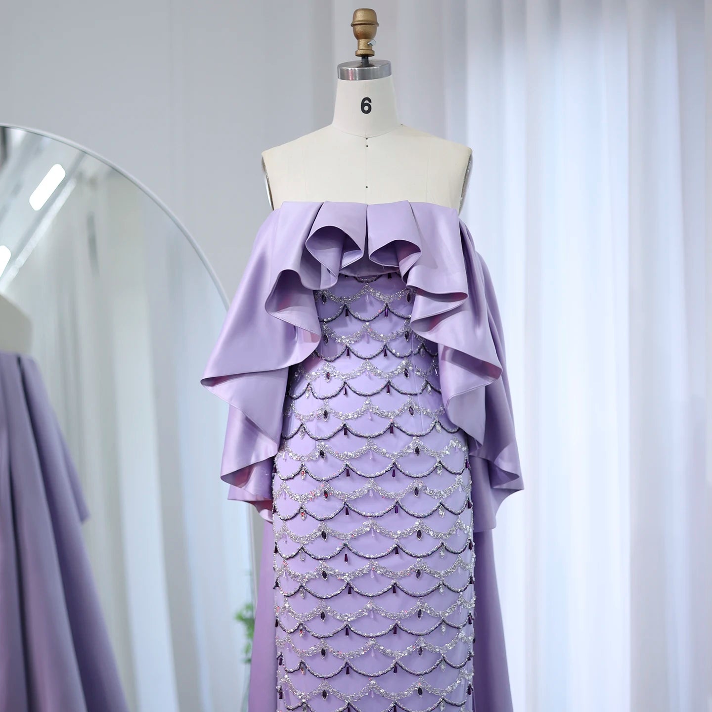Sage Green Luxury Evening Dresses with Cape Lilac Beaded Women Wedding Party Dress - Image 10