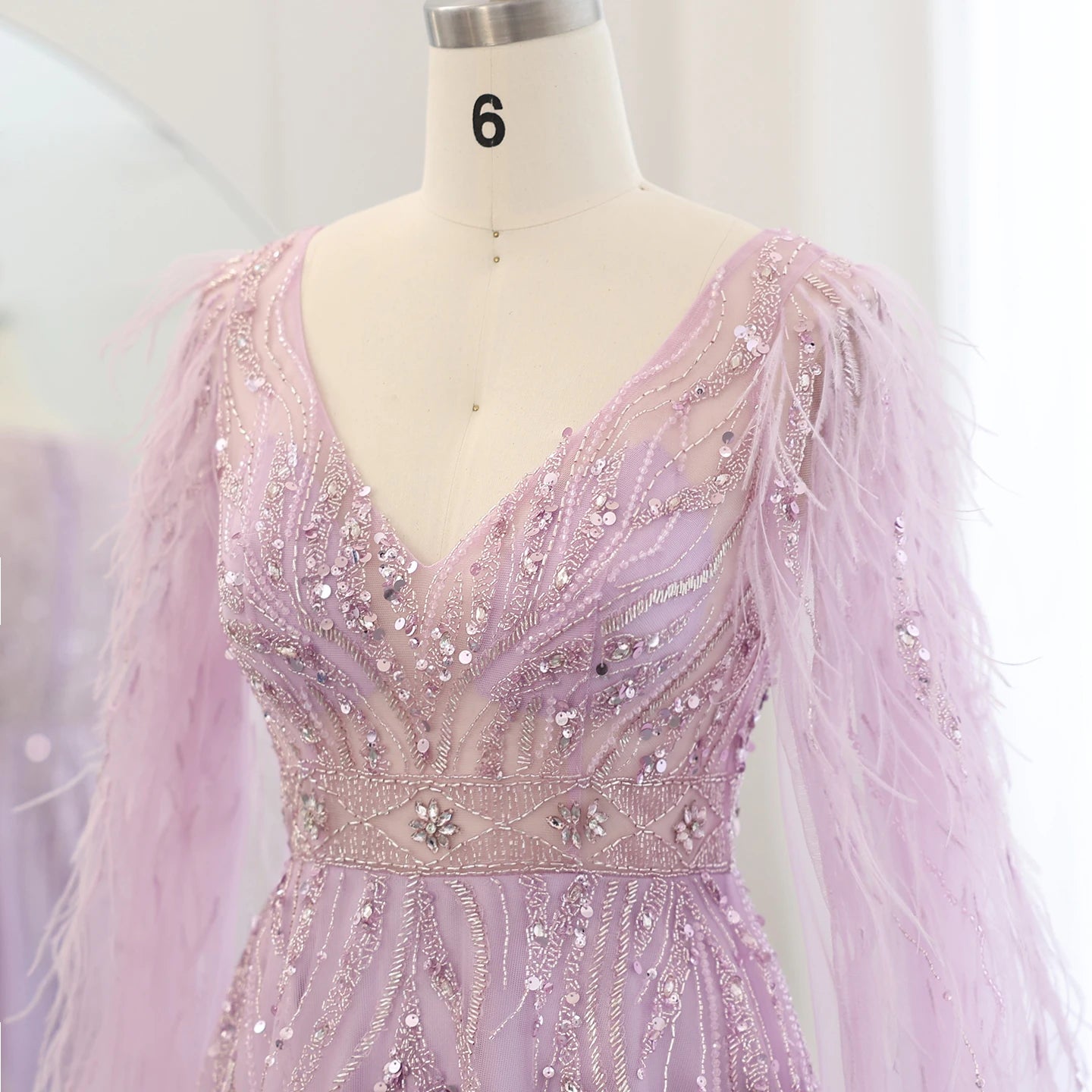 Luxury Feathers Nude A-line Evening Dresses with Cape Sleeves V-Neck Lilac Arabic Women Wedding Party Dress - Image 11