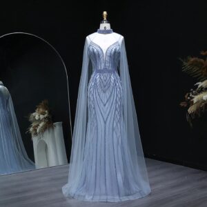 Sparkle Crystal Blue Mermaid Evening Dress with Cape Sleeves Black Nude Prom Party Gowns Customized