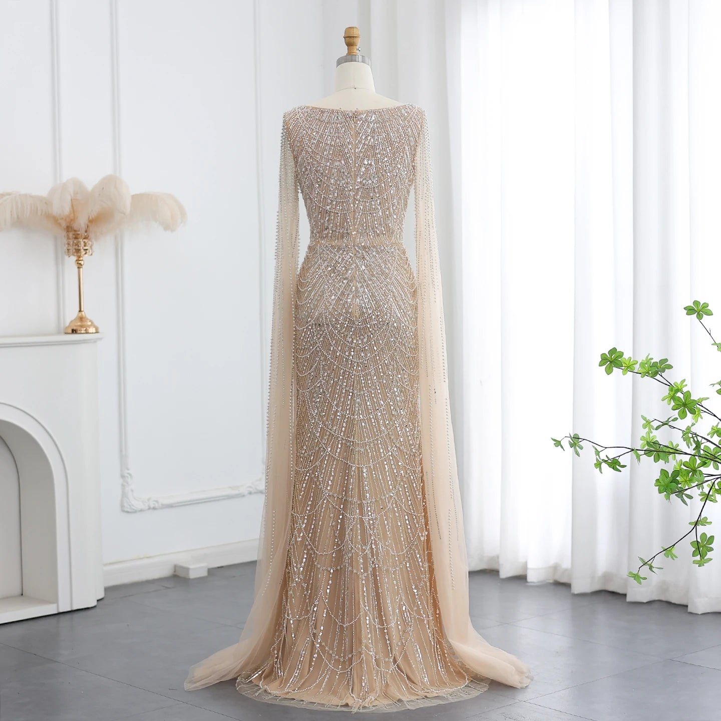 Beaded Mermaid with Cap Sleeves Evening Dresses for Women Champagne Formal Dresses Prom Dress - Image 4