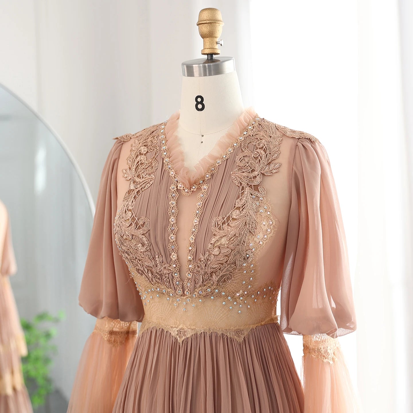 Elegant Peach Lace Evening Dress Luxury Long Sleeves Wedding Party Gowns - Image 3