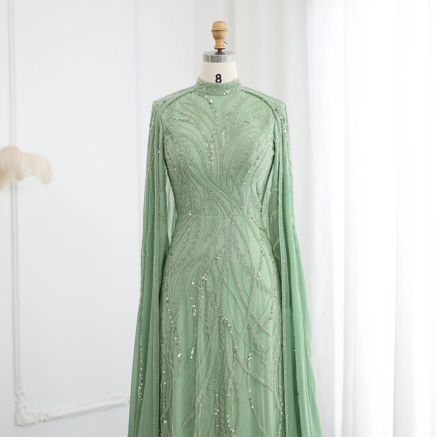 Beaded Sage Green Muslim Evening Dresses with Cape Long Sleeves Arabic Women Wedding Party Gown - Image 6