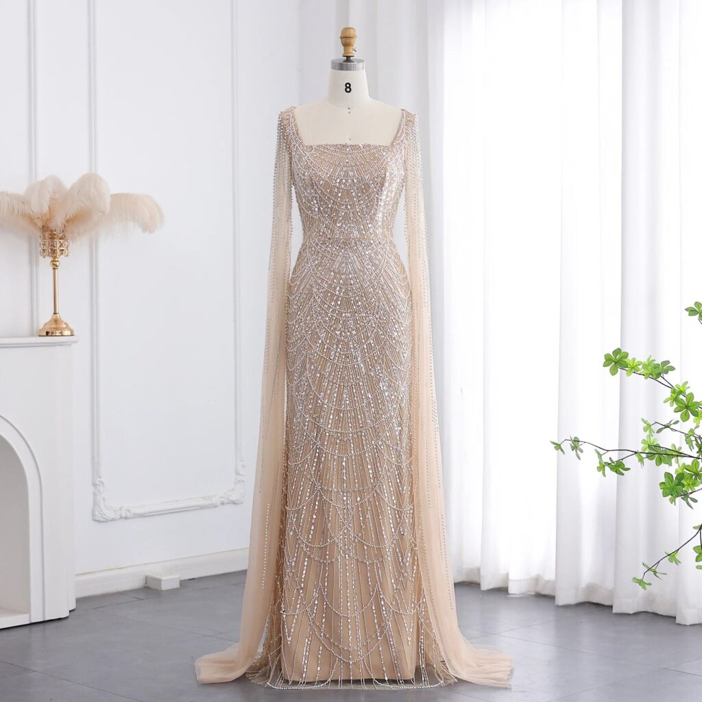 Beaded Mermaid with Cap Sleeves Evening Dresses for Women Champagne Formal Dresses Prom Dress