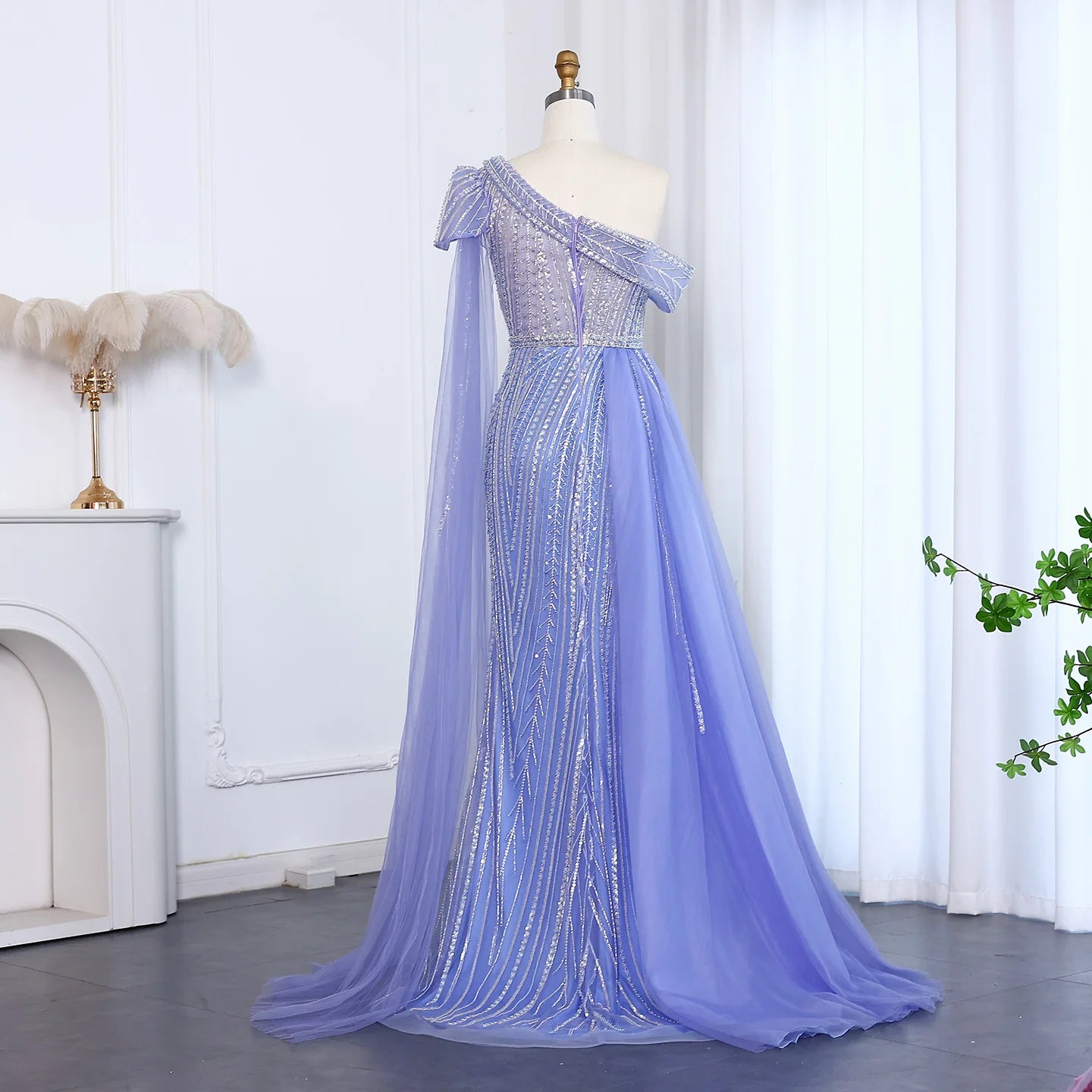 Elegant One Shoulder Fuchsia Luxury Evening Dress with Cape Sleeve Overskirt Formal Party Gown - Image 15