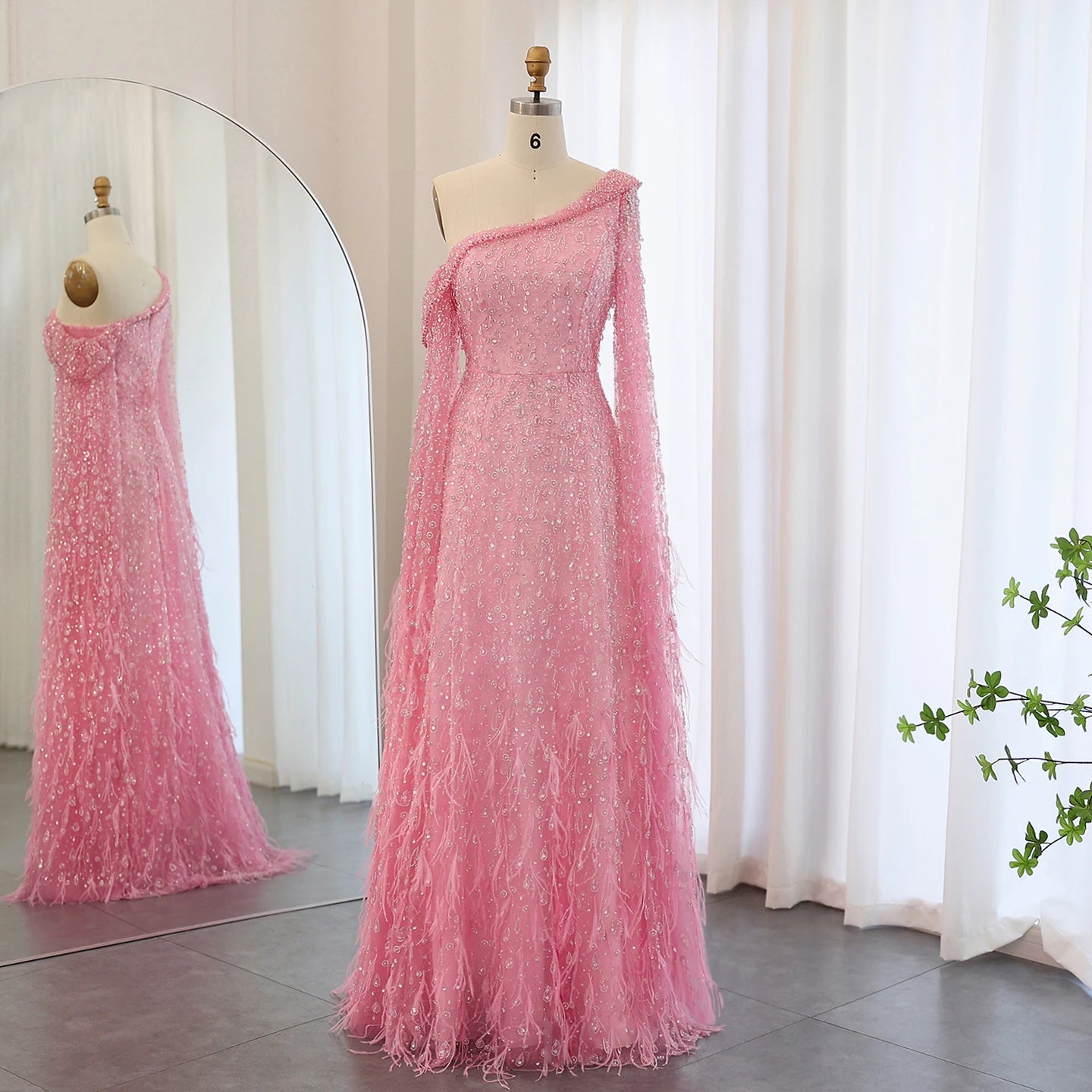Luxury Feather One Shoulder Evening Dresses with Cape Sleeves Rose Gold Lilac Women Wedding Party Gowns - Image 25