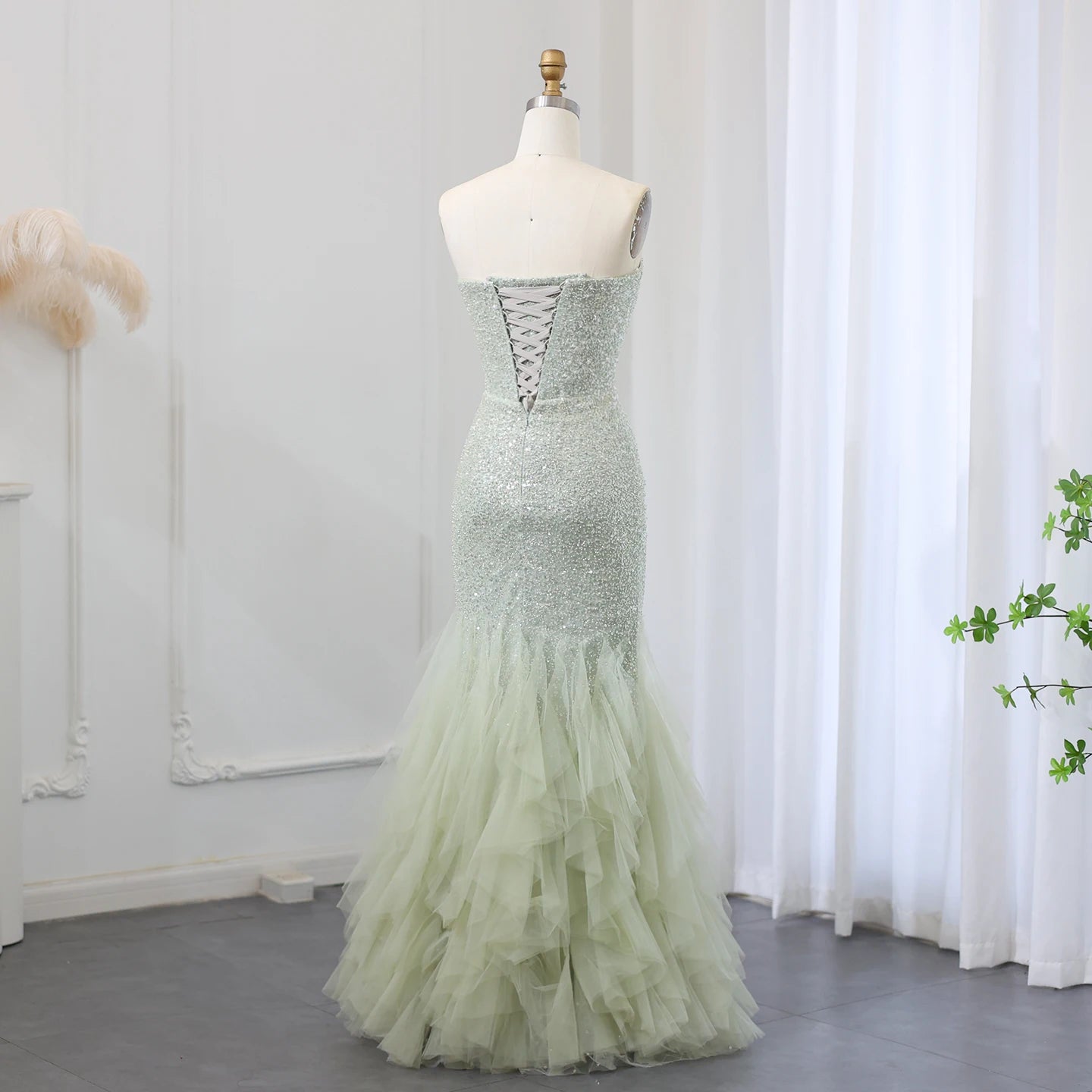 Sparkly Sage Green Sequined Mermaid Evening Dress for Women Wedding Party Long Dubai Arabic Formal Prom Gowns - Image 7