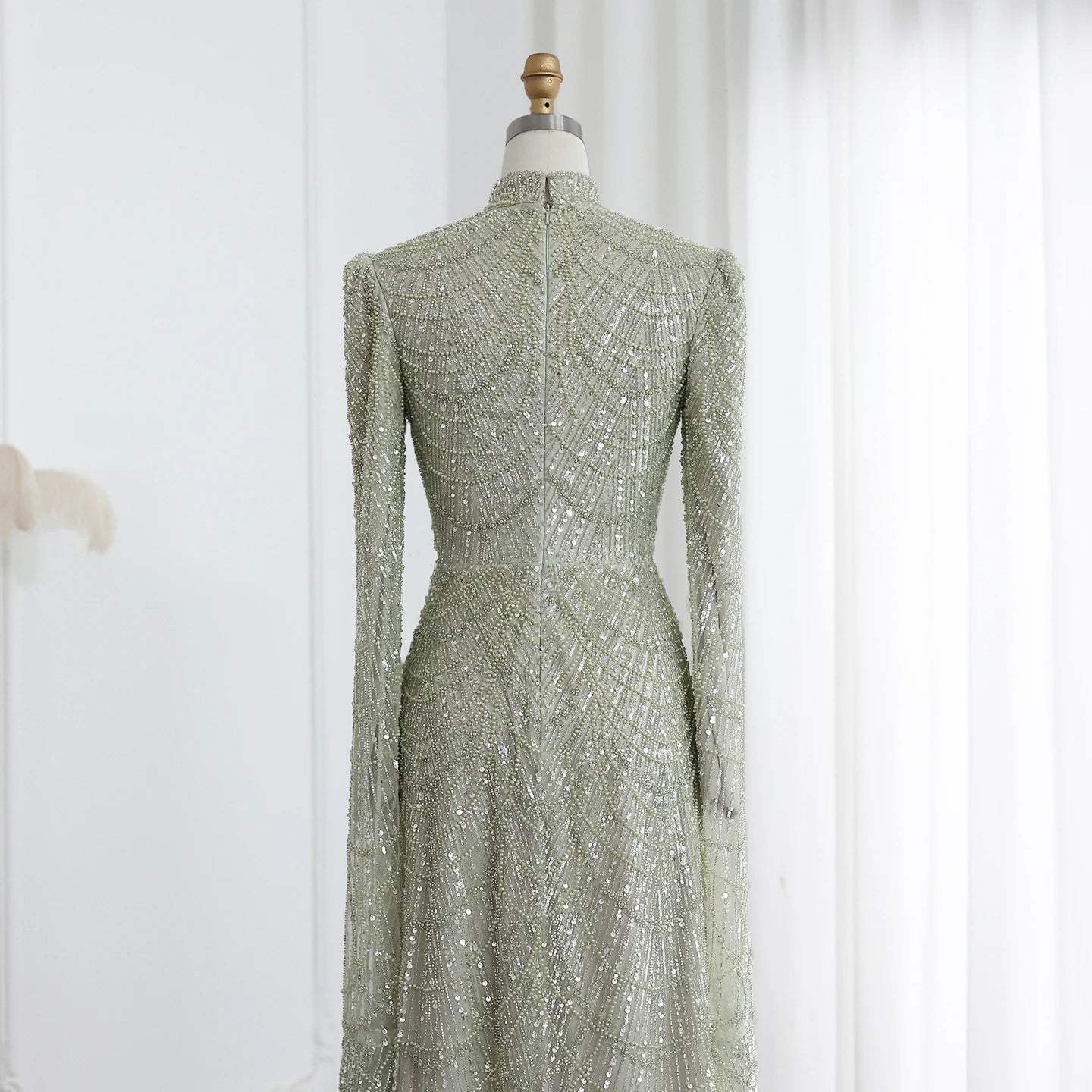 Sage Green Muslim Evening Dresses with Cape Sleeves High Neck for Arabic Women Wedding Party - Image 3
