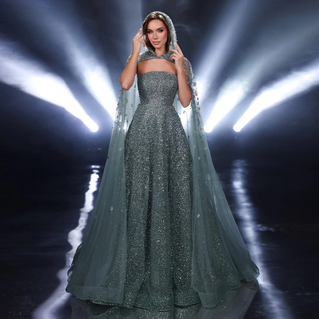 Sparkly Crystal Turquoise Luxury Evening Dress with Hooded Cape Rose Gold Party Gowns